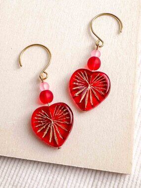 Red Heart Earrings Gold Starburst Glass Dangle Romantic Statement